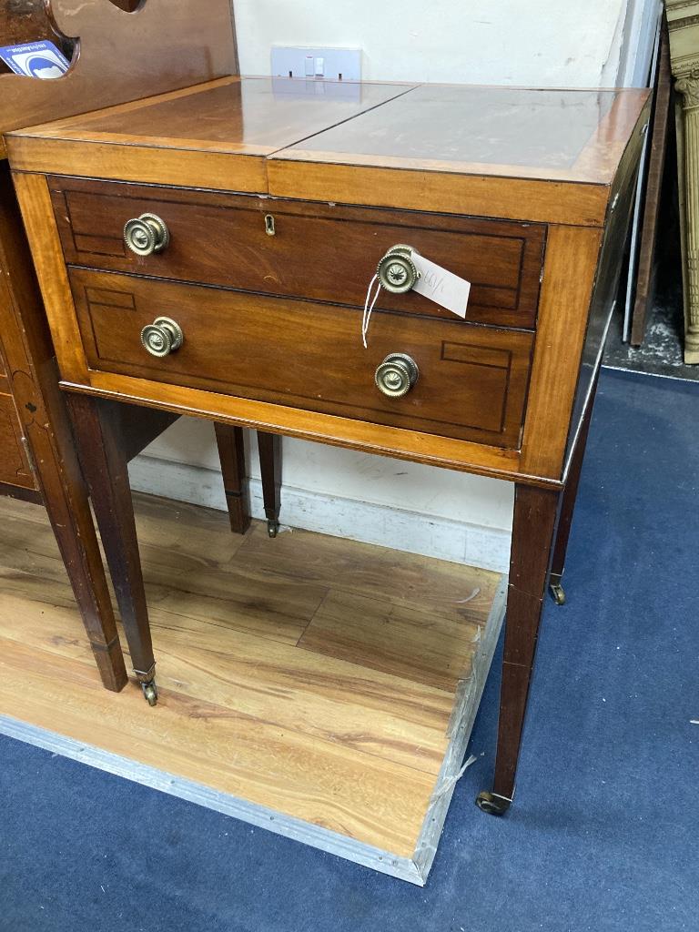 A George III satinwood banded mahogany enclosed wash stand, width 61cm, depth 51cm, height 88cm